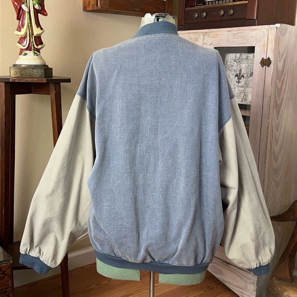 Vintage 90s Denim Bomber Racing Varsity Jacket Beige Sleeves Snap Buttons Retro - Picture 6 of 13